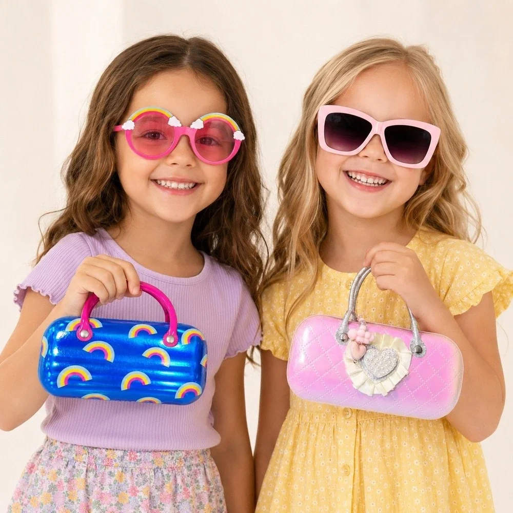 Kids Sunglasses Lot 2 Pack Rainbow Pink Heart Quilted Cases UV Protection NWT